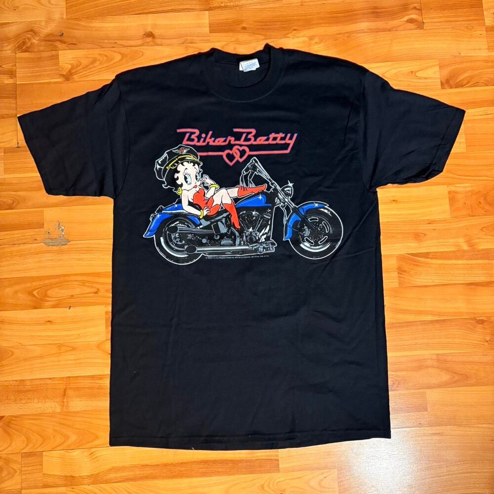 1993 Vintage Biker Betty Boop Black T Shirt Cartoon Graphic Tee Size L Retro